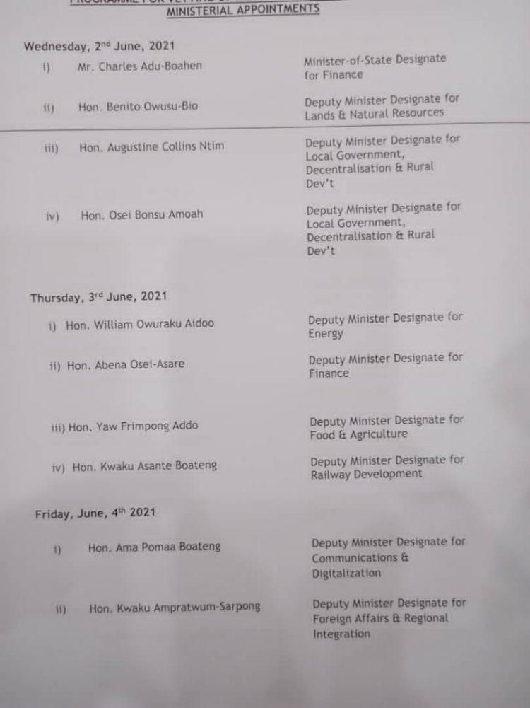 Appointments Committee schedule