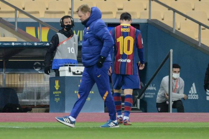 Back in action: Barcelona coach Ronald Koeman can recall Lionel Messi who has served his ban for a red card in the Spanish Super Cup final