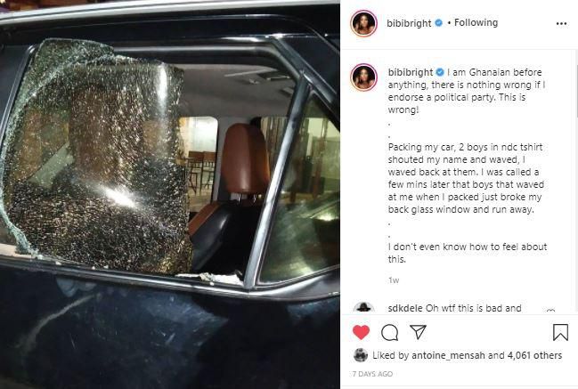 Bibi Bright's car smashed