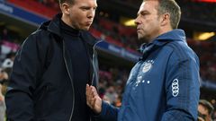 Bayern Munich's head coach Hansi Flick (R) is leaving to be replaced next season by Julian Nagelsmann (L) who is currently in charge of RB Leipzig