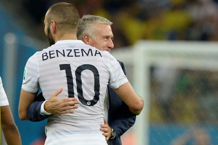 Friends again: Didier Deschamps embracing Benzema during the 2014 World Cup