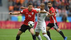 Star Pyramids attacker Ramadan Sobhy (L) playing for Egypt against Uruguay at the 2018 World Cup in Russia.