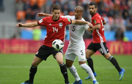 Star Pyramids attacker Ramadan Sobhy (L) playing for Egypt against Uruguay at the 2018 World Cup in Russia.