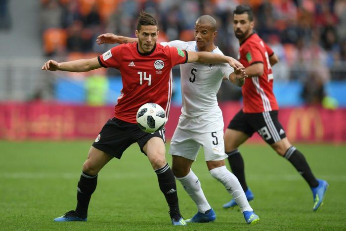 Star Pyramids attacker Ramadan Sobhy (L) playing for Egypt against Uruguay at the 2018 World Cup in Russia.
