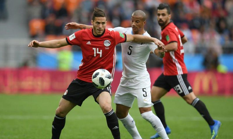 Star Pyramids attacker Ramadan Sobhy (L) playing for Egypt against Uruguay at the 2018 World Cup in Russia.