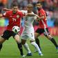 Star Pyramids attacker Ramadan Sobhy (L) playing for Egypt against Uruguay at the 2018 World Cup in Russia.