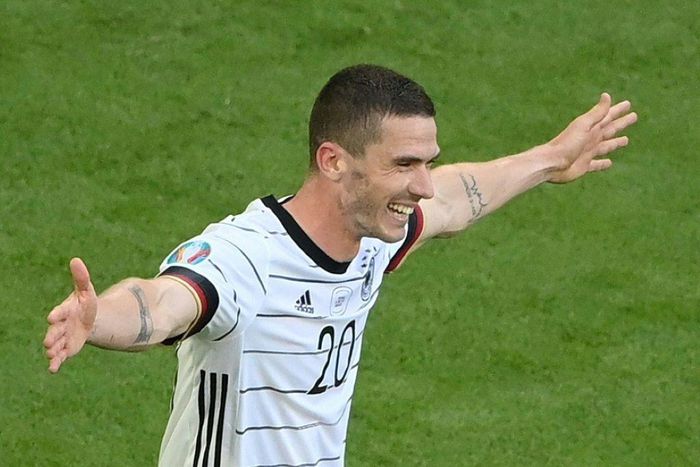 Robin Gosens celebrates scoring Germany's fourth goal against Portugal at Euro 2020