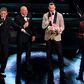 AC Milan star Zlatan Ibrahimovic (2nd from right) and Bologna coach Sinisa Mihajlovic (2nd from left) team up for a duet at the Sanremo 2021 music festival