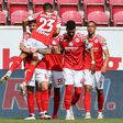 Mainz celebrate going 2-0 up at home to Bayern Munich on Saturday