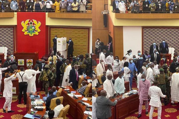 Sober Kennedy Agyapong seen calming down wild NDC MPs-elect as parliament turns chaotic