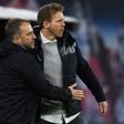 Leipzig head coach Julian Nagelsmann (R) hopes to put pressure on Bayern Munich and their boss Hansi Flick (L)