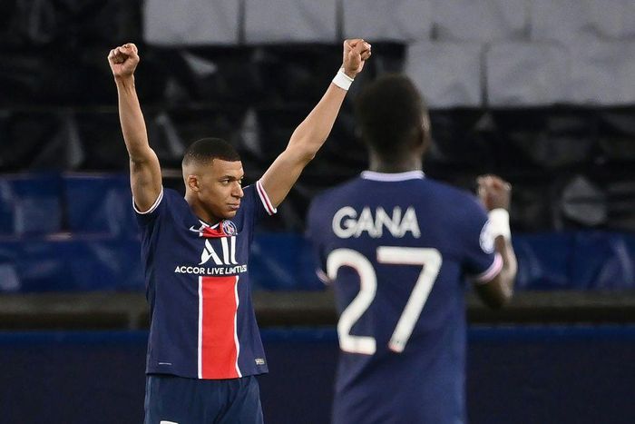 PSG's Kylian Mbappe celebrates after winning the UEFA Champions League quarter-final second leg clash against FC Bayern Munich on April 13, 2021