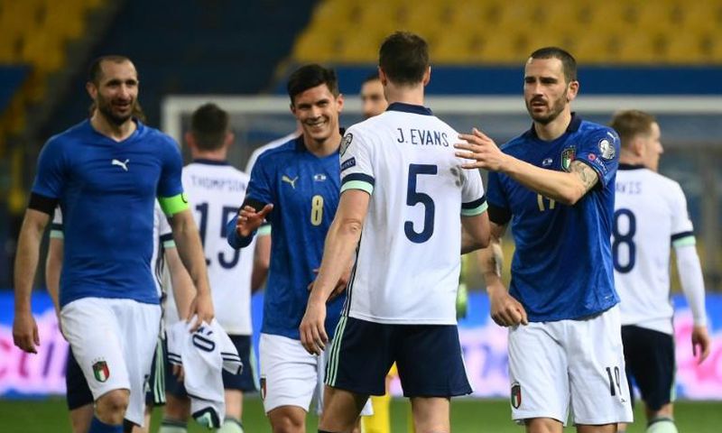 Italy midfielder Matteo Pessina (C) and defender Leonardo Bonucci (R) both contracted coronavirus on international duty.