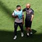 Manchester City's Sergio Aguero with coach Pep Guardiola at a training session on Friday