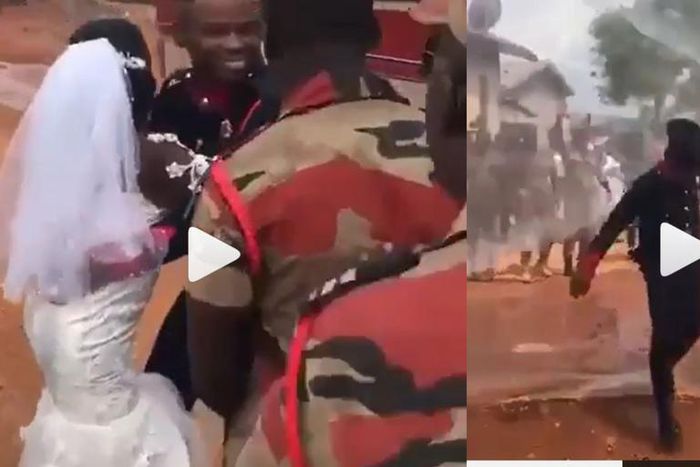 Couple sprayed with water from fire tender truck at Ghanaian fire service wedding