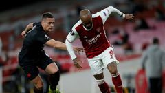Arsenal forward Alexandre Lacazette (right) missed a glorious chance to score against Slavia Prague