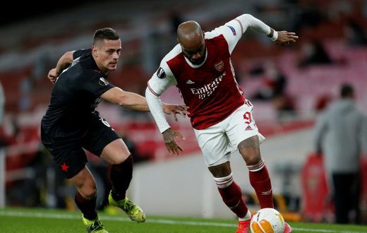 Arsenal forward Alexandre Lacazette (right) missed a glorious chance to score against Slavia Prague