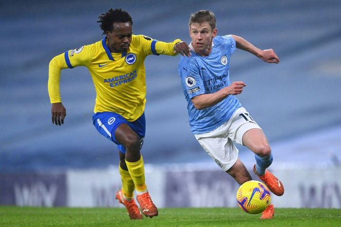 South Africa star Percy Tau (L) playing for Brighton against Manchester City in the English Premier League last season.