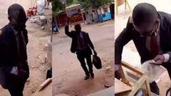 Bofrot seller in suit and tie with a briefcase in hand wins the hearts of buyers