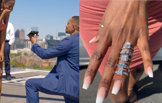 Man proposes marriage to fiancée with 5 different diamond rings, all on the same finger
