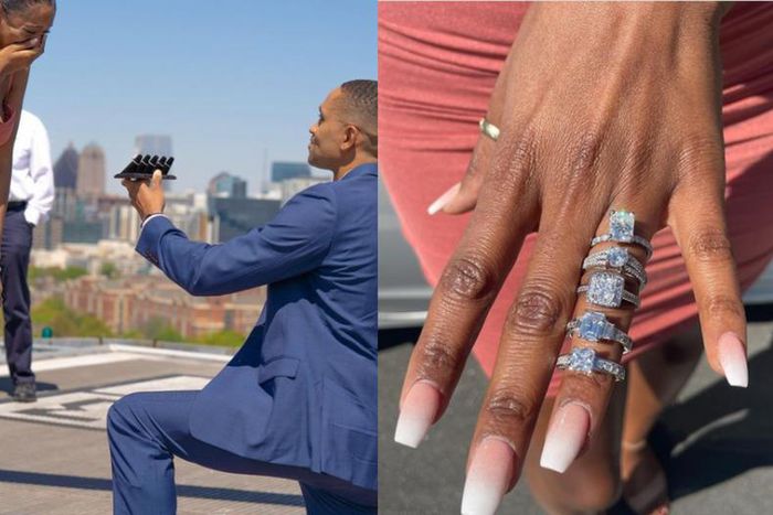 Man proposes marriage to fiancée with 5 different diamond rings, all on the same finger