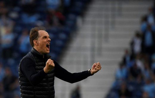 Chelsea manager Thomas Tuchel celebrates Kai Havertz's opening goal in the Champions League final