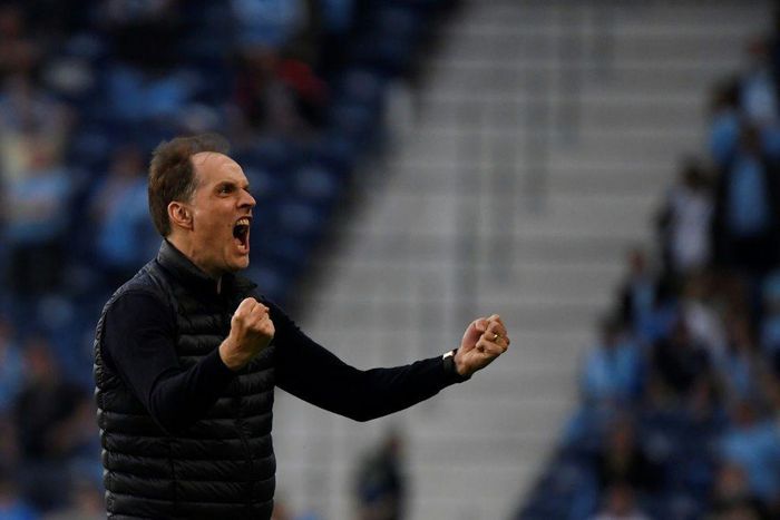 Chelsea manager Thomas Tuchel celebrates Kai Havertz's opening goal in the Champions League final