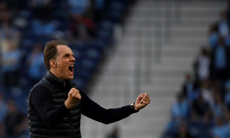 Chelsea manager Thomas Tuchel celebrates Kai Havertz's opening goal in the Champions League final