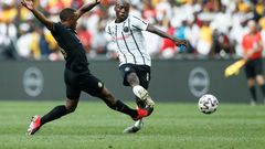 Midfielder Ben Motshwari (R) will be a key figure for Orlando Pirates when they face Enyimba in the CAF Confederation Cup in Nigeria