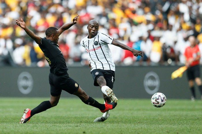 Midfielder Ben Motshwari (R) will be a key figure for Orlando Pirates when they face Enyimba in the CAF Confederation Cup in Nigeria