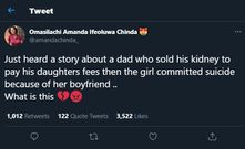 Lady commits suicide because of boyfriend after father sold his kidney to pay for her education