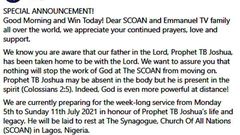 T.B Joshua Ministries announces the late prophet’s funeral arrangements and burial place