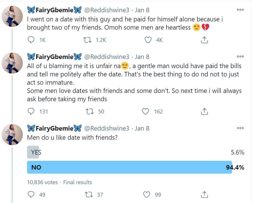 Angry man paid only his bill as lady he invited for a date brought 2 friends