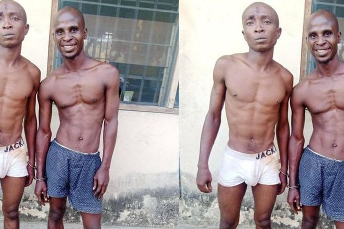 Suspected robbers pose for the cameras after being arrested by security operatives