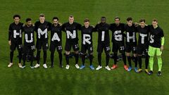 Germany's players with the wording "Human rights" on their T-shirts before Thursday's 3-0 win over Iceland in a 2022 World Cup qualifier in Duisburg