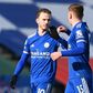 Leicester midfielder James Maddison (L) celebrates with Harvey Barnes