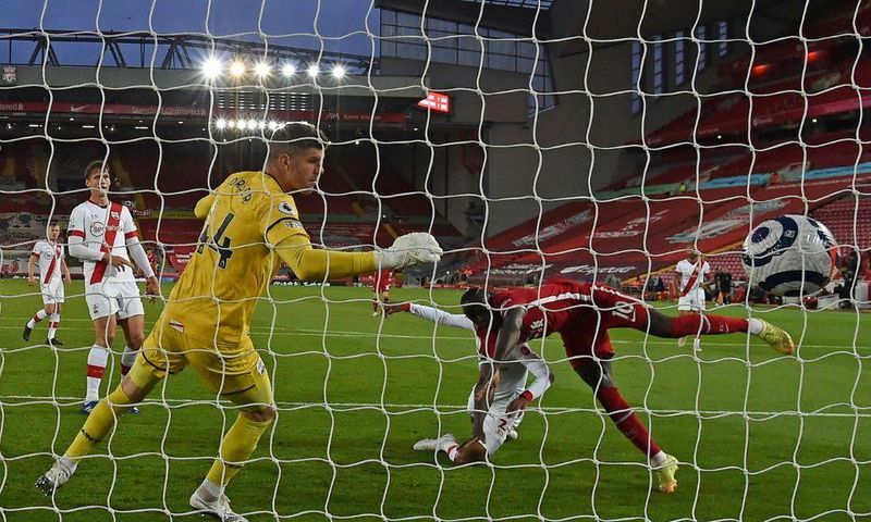 Sadio Mane heads the first Liverpool goal in a 2-0 victory over Southampton at Anfield