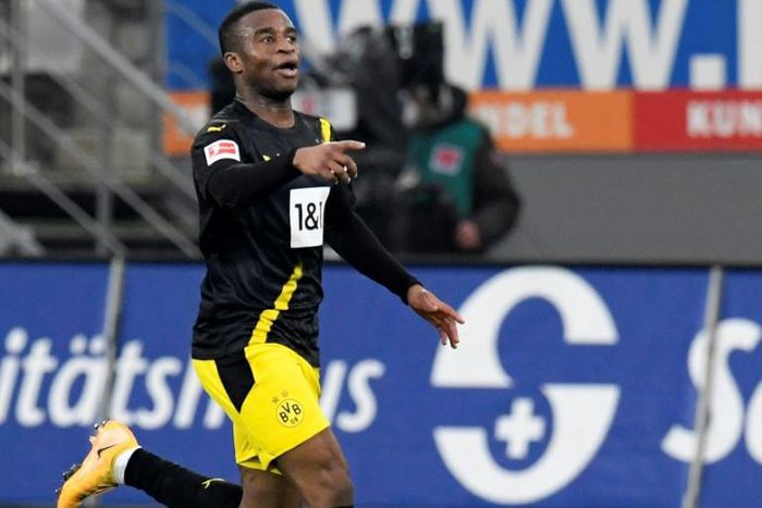 Moukoko celebrates soring for Dortmund in last weekend's defeat at Freiburg