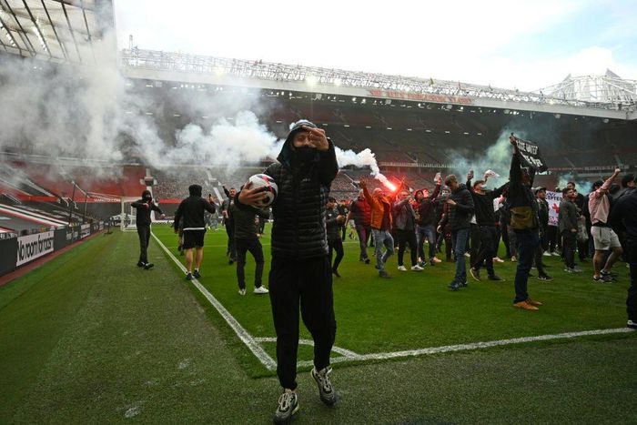 Supporters protest against Manchester United's owners, inside Old Trafford