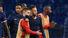 Paris Saint-Germain duo Marco Verratti and Neymar celebrate after beating holders Bayern Munich to reach the Champions League semi-finals