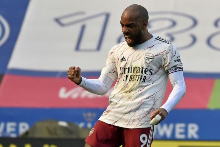 Arsenal striker Alexandre Lacazette celebrates after scoring against Leicester