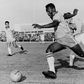 In this photo taken on May 8, 1960, Brazilian football legend Pele dribbles past a defender during a friendly match between Malmoe and Brazil, in Sweden