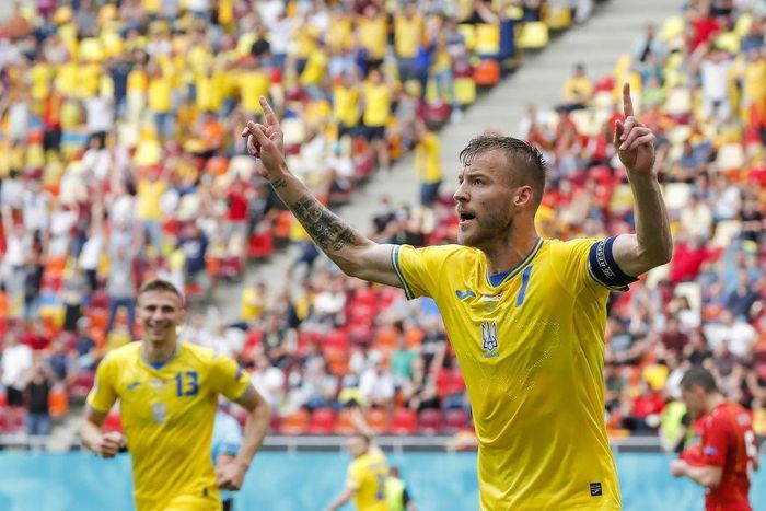 Andriy Yarmolenko celebrates scoring the opening goal for Ukraine against North Macedonia