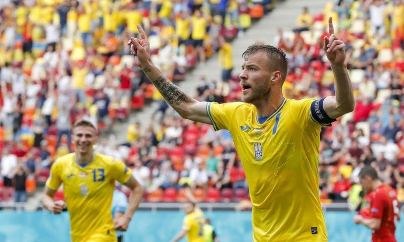 Andriy Yarmolenko celebrates scoring the opening goal for Ukraine against North Macedonia