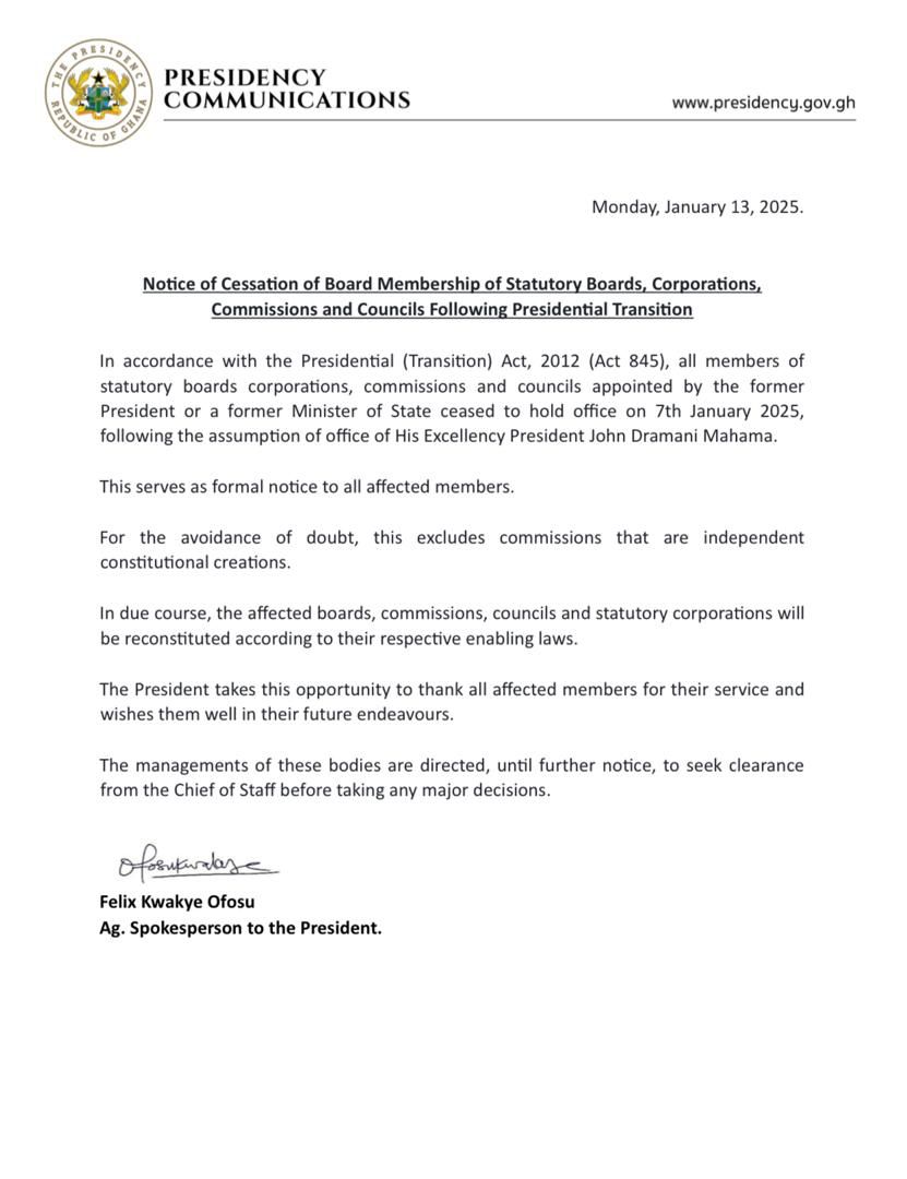 President Mahama dismisses board members of state institutions, plans reconstitution
