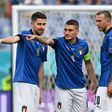(L to R): Italy's Jorginho, Marco Verratti and Federico Bernardeschi plot victory against Wales