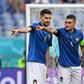 (L to R): Italy's Jorginho, Marco Verratti and Federico Bernardeschi plot victory against Wales