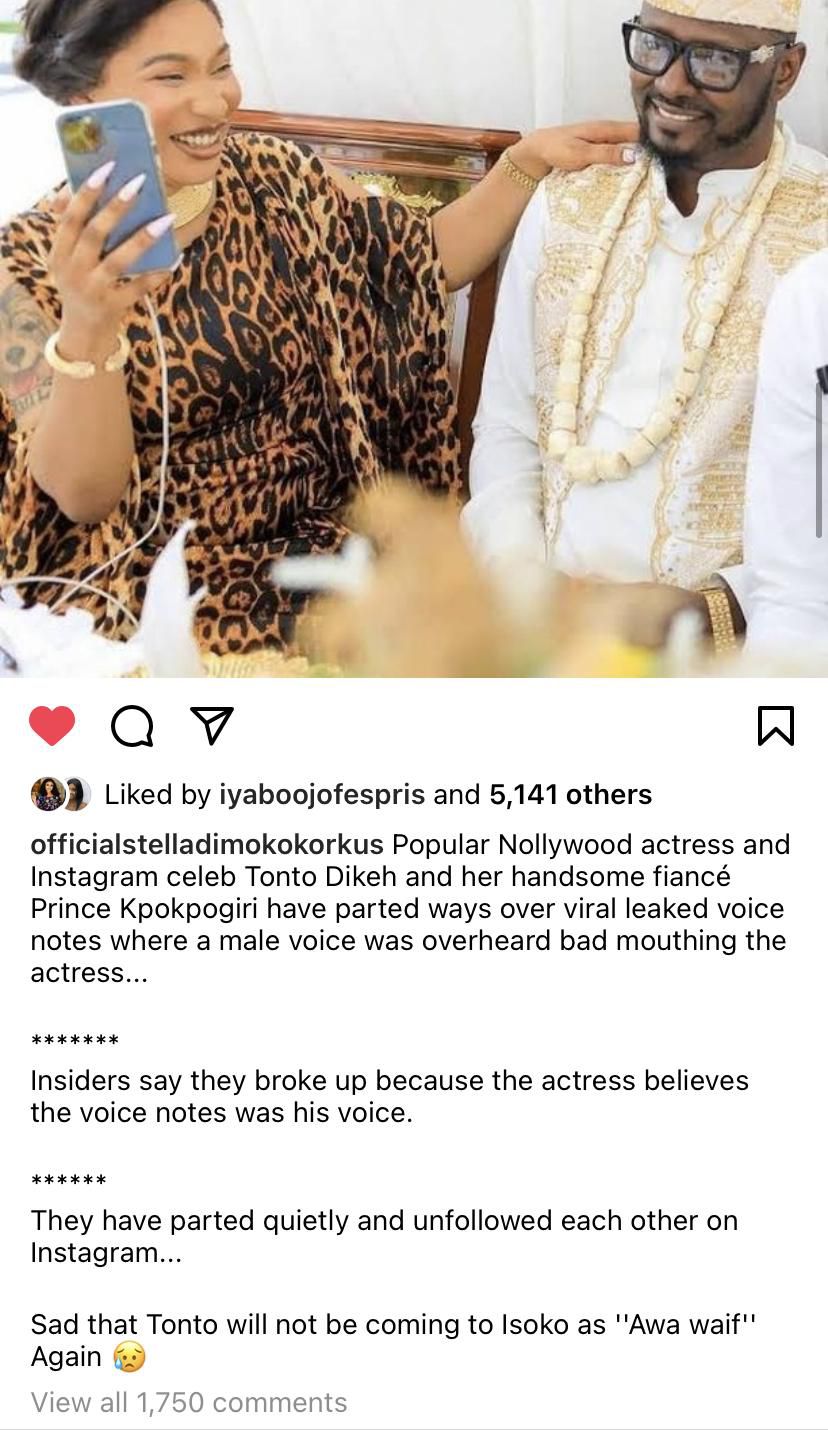 Tonto Dikeh and Prince Kpokpogri’s relationship breaks down