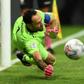Colombia goalkeeper David Ospina saves a shoot-out penalty from Uruguay's Jose Gimenez during the 2021 Copa America quarter-final