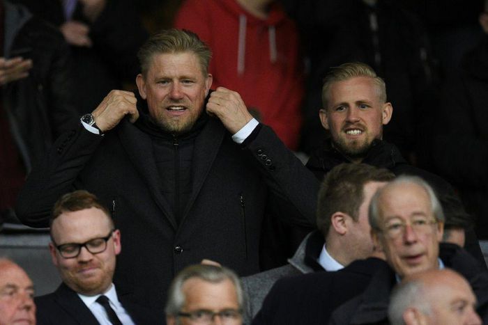 Former Denmark goalkeeper Peter Schmeichel (left) and his son Kasper Schmeichel, who is the current Danish number one